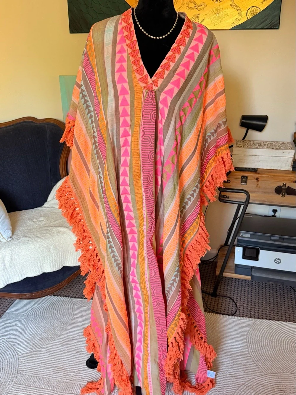 Boho Striped Fringe Poncho in Pink & Orange